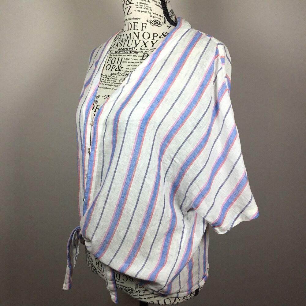 Beachy gauzy tie front button down shirt blue white stripes coastal grandma M - Picture 2 of 5